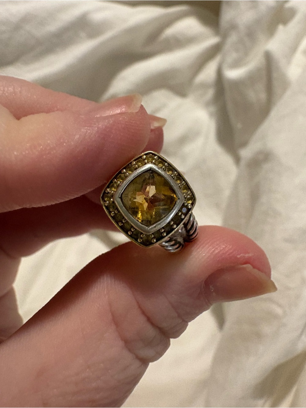 David Yurman Sterling Silver Ring with Yellow Gemstone Halo